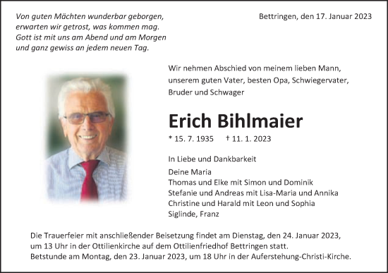 Traueranzeige von Erich Bihlmaier von Gmünder Tagespost