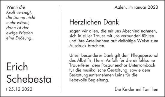 Traueranzeige von Erich Schebesta von Schwäbische Post