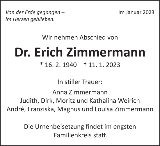 Traueranzeige von Erich Zimmermann von Kocher-Lein-Bote
