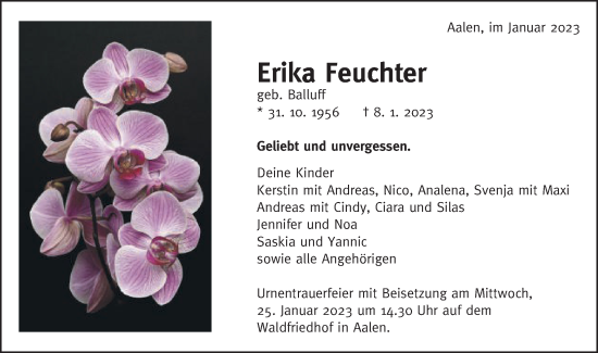 Traueranzeige von Erika Feuchter von Schwäbische Post