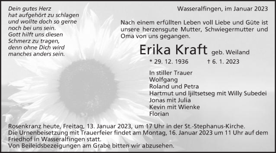 Traueranzeige von Erika Kraft von Schwäbische Post