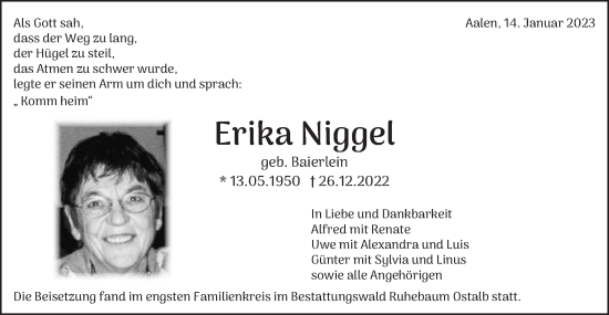Traueranzeige von Erika Niggel von Schwäbische Post