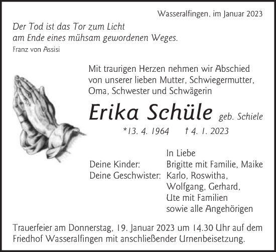 Traueranzeige von Erika Schüle von Schwäbische Post