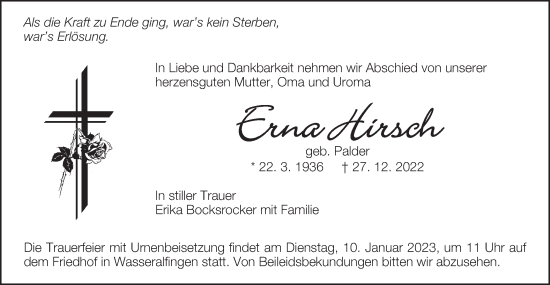Traueranzeige von Erna Hirsch von Schwäbische Post