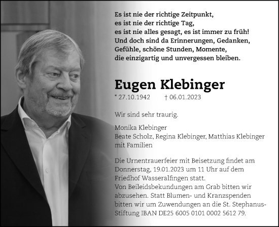 Traueranzeige von Eugen Klebinger von Schwäbische Post