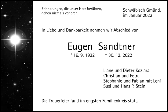 Traueranzeige von Eugen Sandtner von Gmünder Tagespost