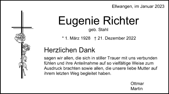 Traueranzeige von Eugenie Richter von Schwäbische Post