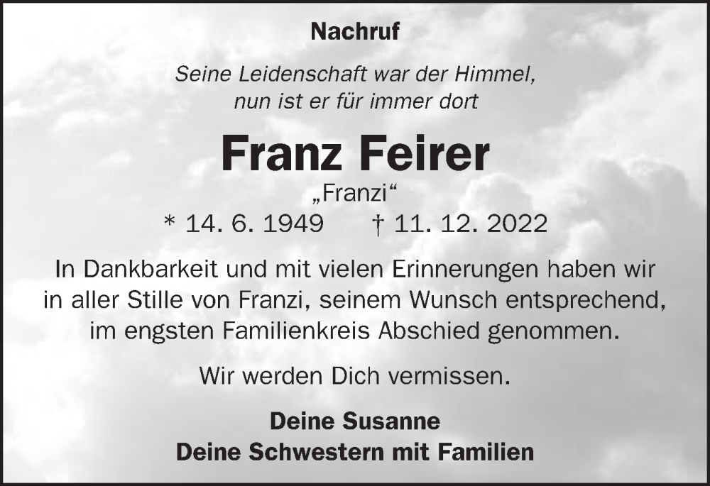  Traueranzeige für Franz Feirer vom 14.01.2023 aus Schwäbische Post
