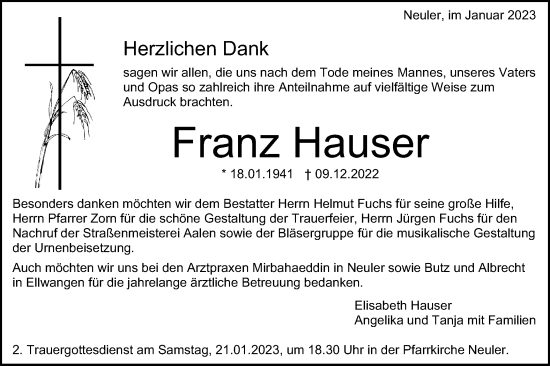 Traueranzeige von Franz Hauser