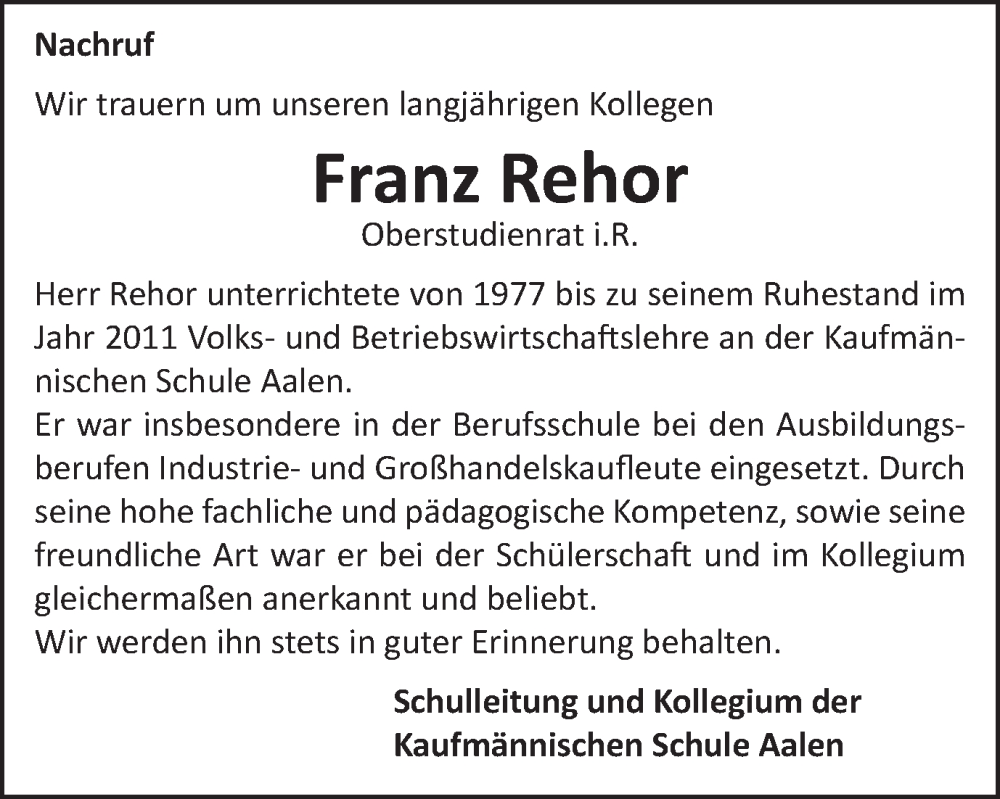  Traueranzeige für Franz Rehor vom 14.01.2023 aus Schwäbische Post