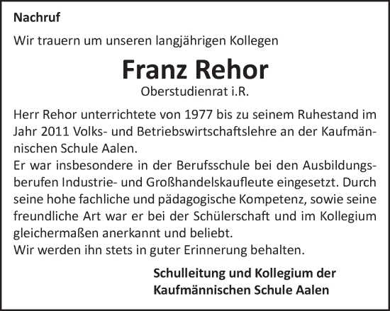 Traueranzeige von Franz Rehor von Schwäbische Post