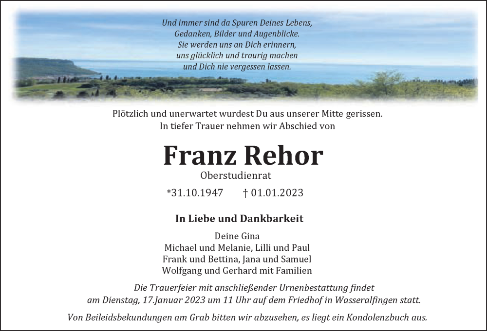  Traueranzeige für Franz Rehor vom 12.01.2023 aus Schwäbische Post