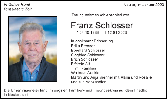 Traueranzeige von Franz Schlosser von Schwäbische Post