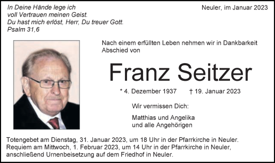 Traueranzeige von Franz Seitzer