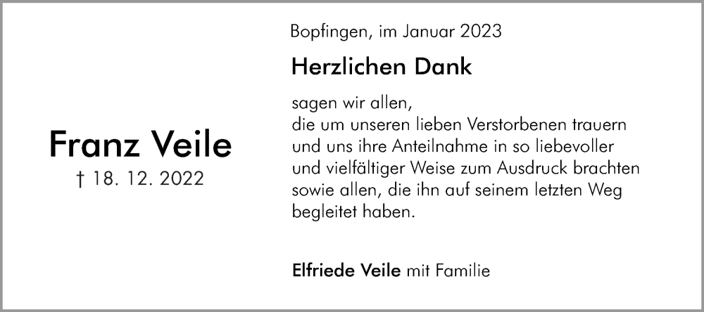  Traueranzeige für Franz Veile vom 10.01.2023 aus Schwäbische Post
