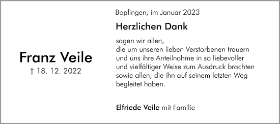 Traueranzeige von Franz Veile von Schwäbische Post