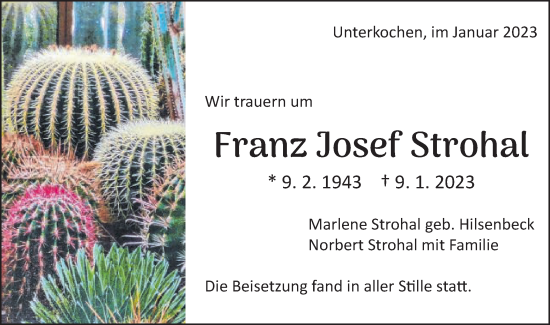 Traueranzeige von Franz Josef Strohal  von Schwäbische Post