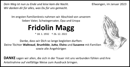 Traueranzeige von Fridolin Magg von Schwäbische Post