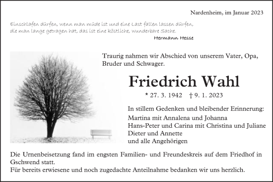 Traueranzeige von Friedrich Wahl von Gmünder Tagespost