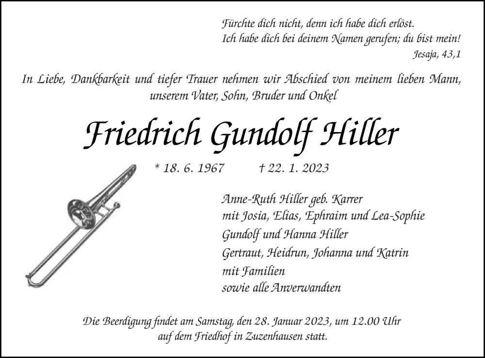  Traueranzeige für Friedrich Gundolf Hiller vom 26.01.2023 aus Schwäbische Post