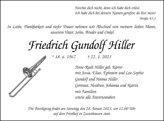 Traueranzeige von Friedrich Gundolf Hiller von Schwäbische Post