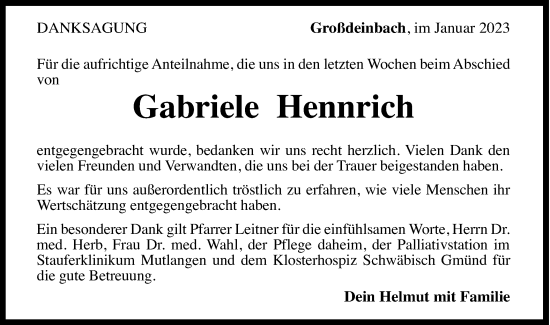 Traueranzeige von Gabriele Hennrich von Gmünder Tagespost