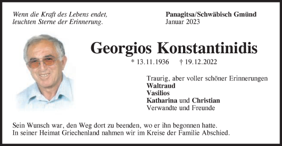 Traueranzeige von Georgios Konstantinidis von Gmünder Tagespost