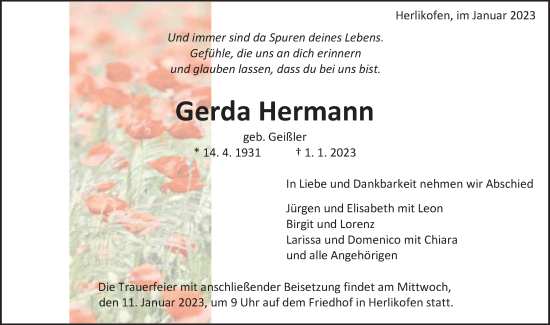 Traueranzeige von Gerda Hermann von Gmünder Tagespost