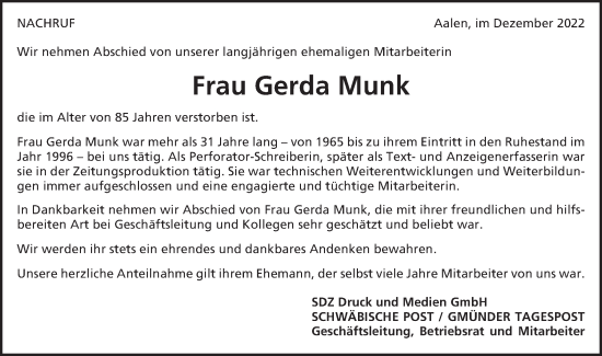 Traueranzeige von Gerda Munk von Schwäbische Post