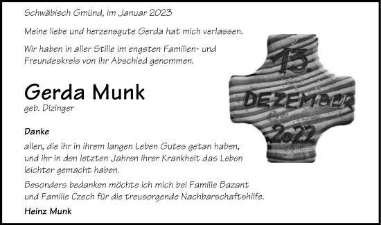 Traueranzeige von Gerda Munk von Gmünder Tagespost