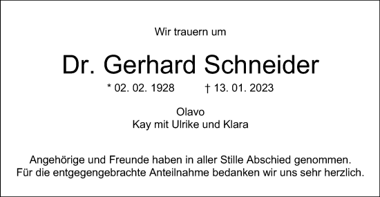 Traueranzeige von Gerhard Schneider von Schwäbische Post