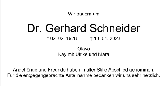 Traueranzeige von Gerhard Schneider