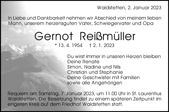 Traueranzeige von Gernot Reißmüller von Gmünder Tagespost