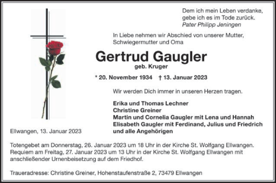 Traueranzeige von Gertrud Gaugler von Schwäbische Post