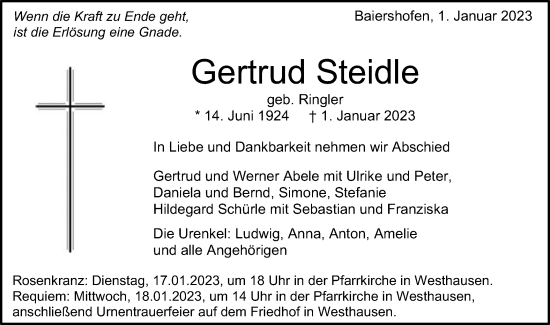 Traueranzeige von Gertrud Steidle von Schwäbische Post