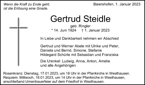 Traueranzeige von Gertrud Steidle