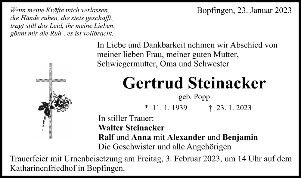  Traueranzeige für Gertrud Steinacker vom 31.01.2023 aus Schwäbische Post