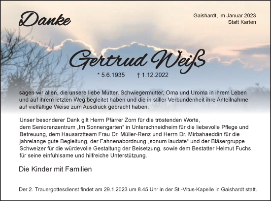 Traueranzeige von Gertrud Weiß von Schwäbische Post