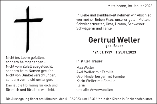 Traueranzeige von Gertrud Weller von Gmünder Tagespost
