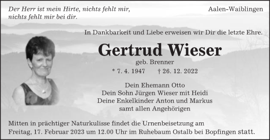 Traueranzeige von Gertrud Wieser von Schwäbische Post
