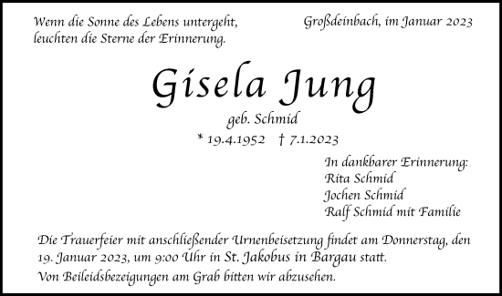 Traueranzeige von Gisela Jung von Gmünder Tagespost