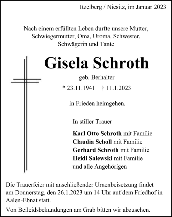 Traueranzeige von Gisela Schroth von Schwäbische Post