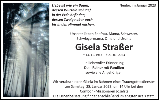 Traueranzeige von Gisela Straßer von Schwäbische Post