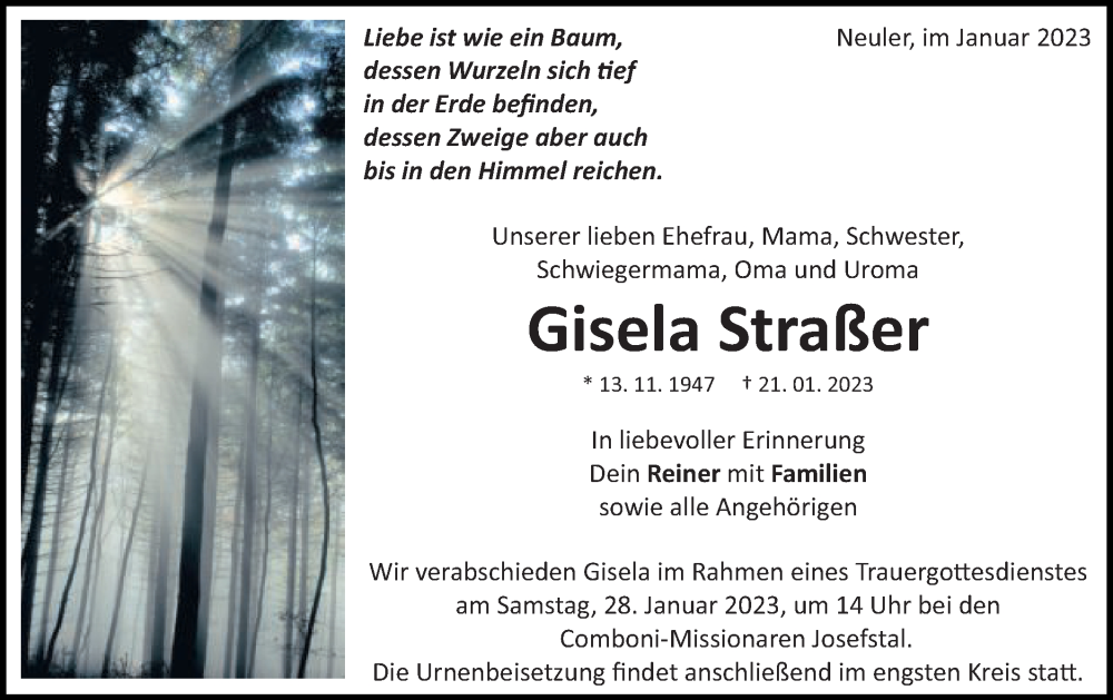  Traueranzeige für Gisela Straßer vom 25.01.2023 aus Schwäbische Post