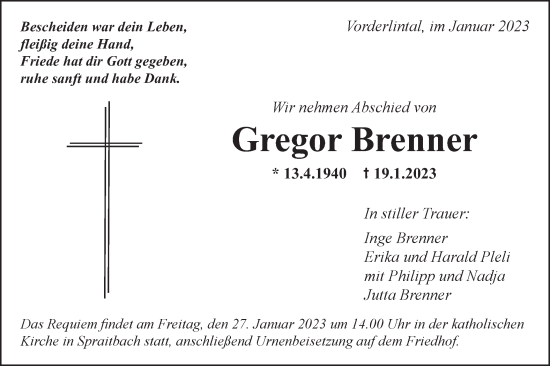 Traueranzeige von Gregor Brenner von Gmünder Tagespost