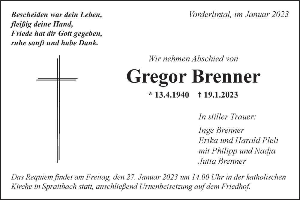  Traueranzeige für Gregor Brenner vom 25.01.2023 aus Gmünder Tagespost