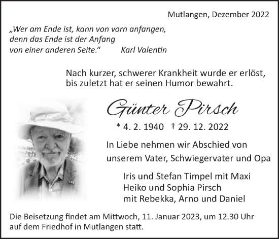 Traueranzeige von Günter Pirsch von Gmünder Tagespost