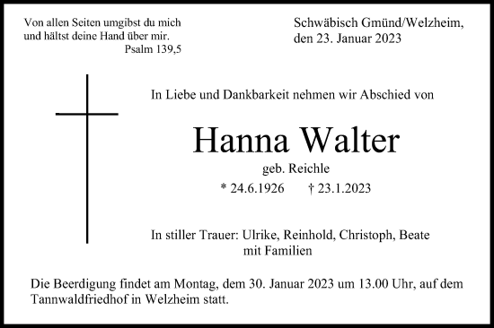 Traueranzeige von Hanna Walter von Gmünder Tagespost