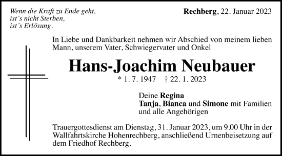 Traueranzeige von Hans-Joachim Neubauer von Gmünder Tagespost