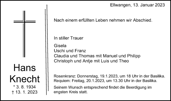Traueranzeige von Hans Knecht von Schwäbische Post